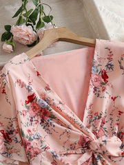 Floral Print Short Sleeve V Neck Dress