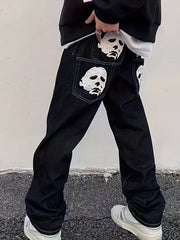 Face & Bat Pattern Loose Fit Jeans Men's Casual Street Style Denim Pants
