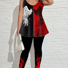 Goth Outfits 2PC Set Wings Print V-Neck Cami Top & Leggings
