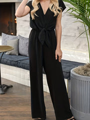 Backless Knotted Jumpsuit Solid V Neck Wide Leg Jumpsuit