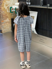 Girl's Plaid Jumpsuit Casual Shorts Sleeve Crew Neck Sports Jumpsuit