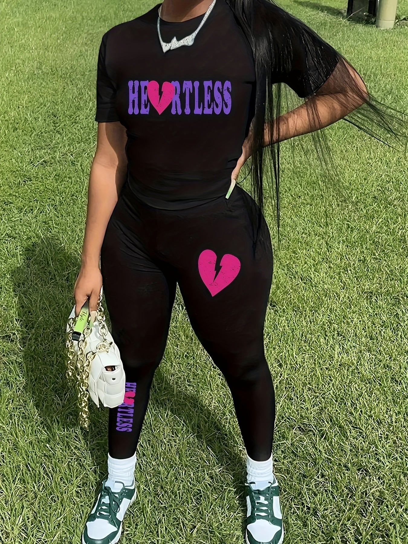 Heart Print 2 Piece Set - Short Sleeve Crop Top & Leggings
