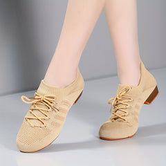 Women's Jazz Dance Shoes Lace Up Chunky Block Flying Woven