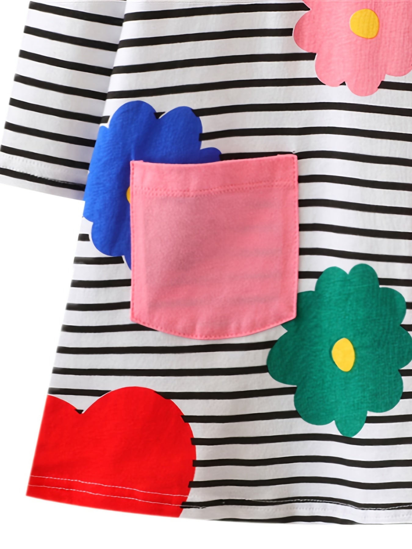 Girls' Cartoon Flowers Applique Striped Long Sleeve Dress
