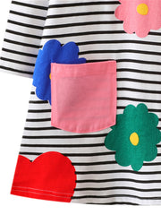 Girls' Cartoon Flowers Applique Striped Long Sleeve Dress