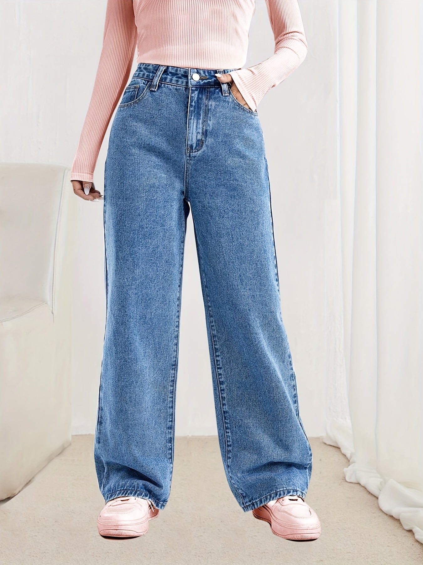 Loose Fit Straight Jeans Non Stretch Slash Pockets Baggy Denim Pants