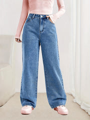 Loose Fit Straight Jeans Non Stretch Slash Pockets Baggy Denim Pants