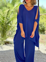 Split Batwing Sleeve V Neck Tunic Top & Wide Leg Pants Outfit Set