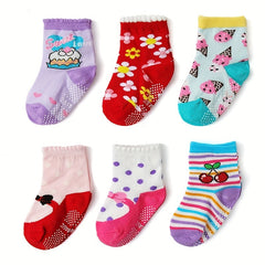 12 Pairs Girls Colorful Cartoon Socks Non-Slip Cotton Crew Socks
