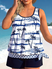 Coconut Tree Print Tankini Set - Knot Side Tank Top & Shorts S