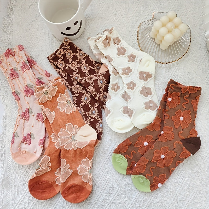 5 Pairs 3D Floral Textured Socks Retro Style Mid Tube Socks