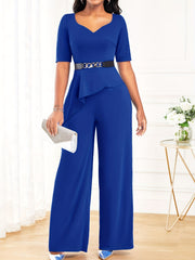 Ruffle Trim Wide Leg Jumpsuit Short Sleeve High Waist
