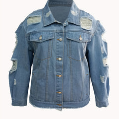 Women's Plus Ripped Denim Jacket - Long Sleeves Lapel Collar
