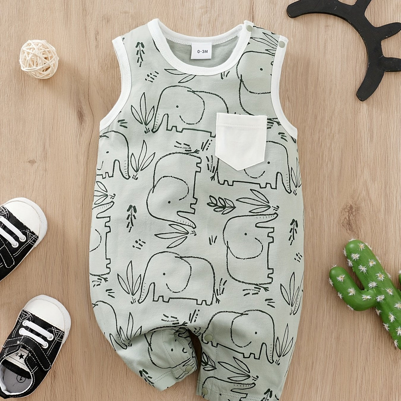 Baby Boys Cartoon Print Sleeveless Romper, Comfortable Breathable
