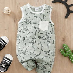Baby Boys Cartoon Print Sleeveless Romper, Comfortable Breathable