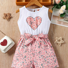 Toddler Girls Floral Heart Graphic Romper Sleeveless Jumpsuit for Beach Vacation