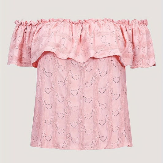 Heart Print Off Shoulder Blouse Ruffle Trim