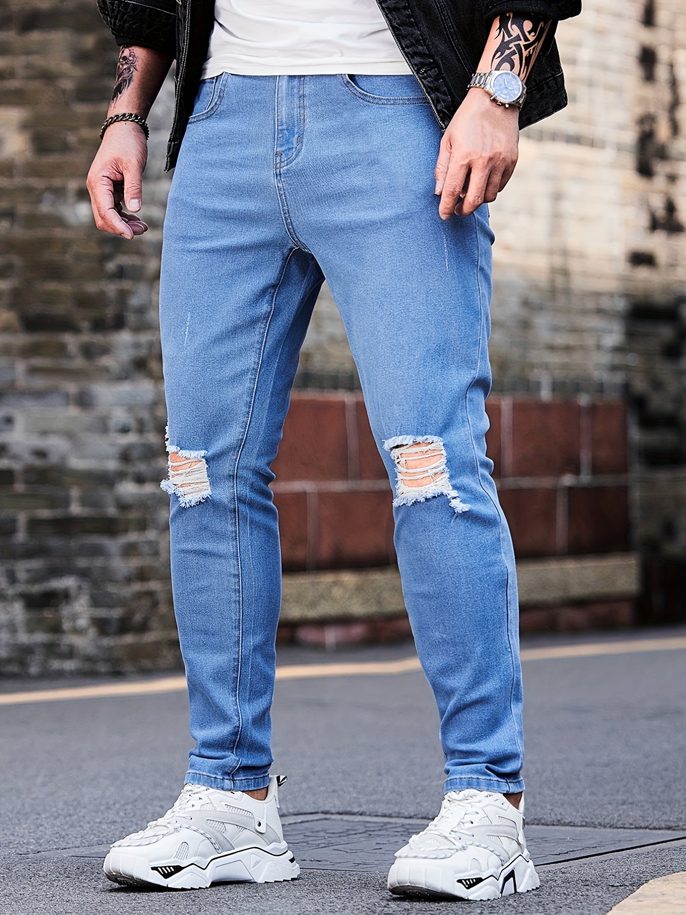 Slim Fit Ripped Jeans Men's Street Style Denim Pants