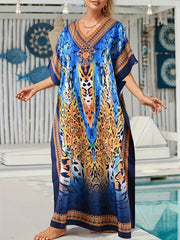 Boho Kaftan Dress Leopard Print V Neck Maxi Beachwear Dress
