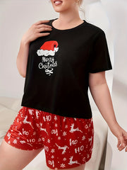 Christmas Lounge Set Elk Print Short Sleeve Tee & Shorts Pajama Set