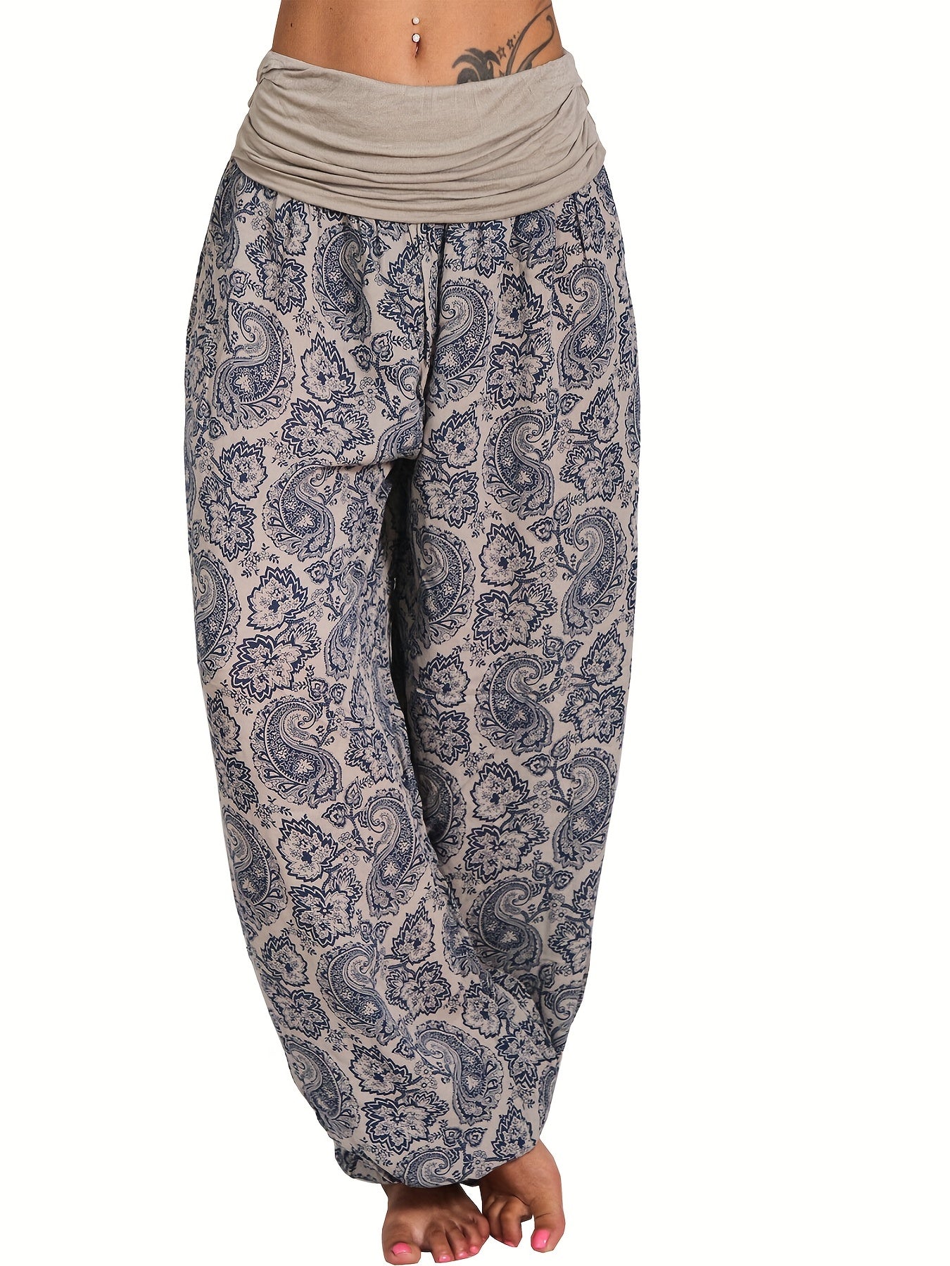 Floral Print Harem Pants High Waist Solid Pants For Spring & Summer