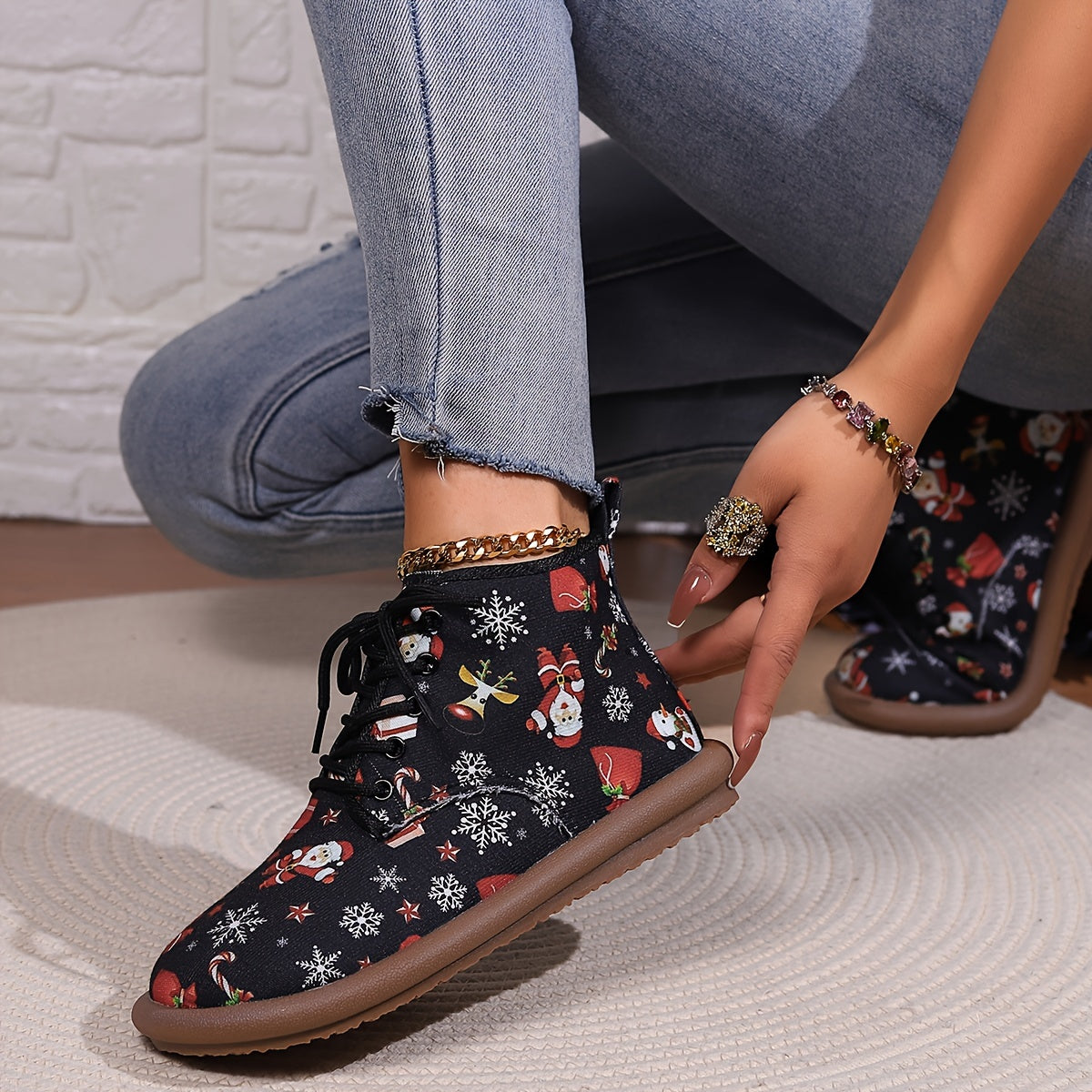 Christmas Lace-up Front Ankle Boots for Women