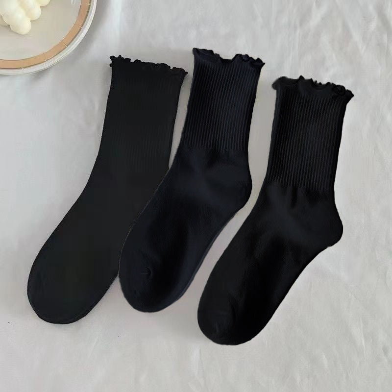 3 Pairs Cotton Ruffle Tube Women Socks Cuff Crew Short Boot Socks