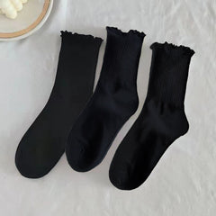 3 Pairs Cotton Ruffle Tube Women Socks Cuff Crew Short Boot Socks