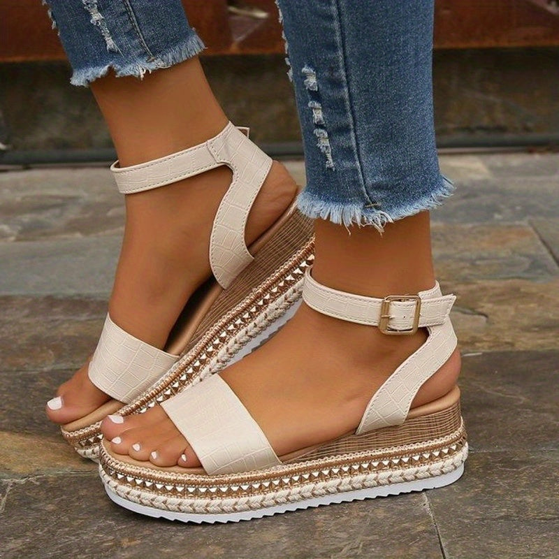 Studded Platform Sandals Ankle Buckle Strap Wedge Espadrille Sandals