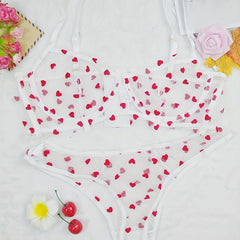 Sexy Heart Print Mesh Bra & Panty Lingerie Set