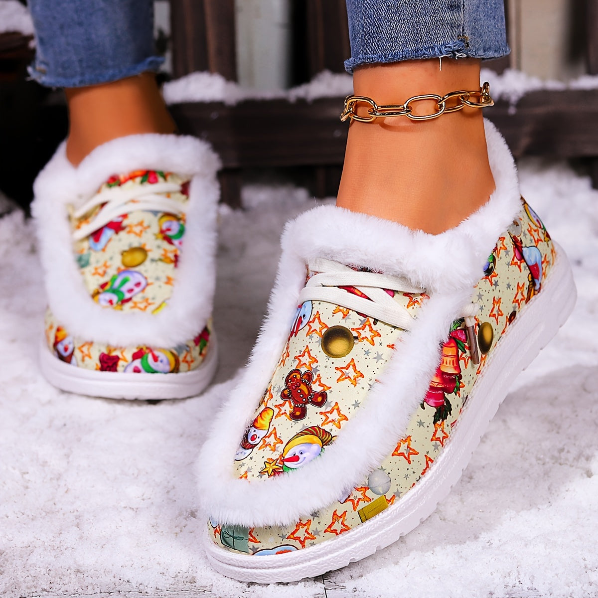 Snowman Christmas Snow Boots Warm Plush Lace-up Flat