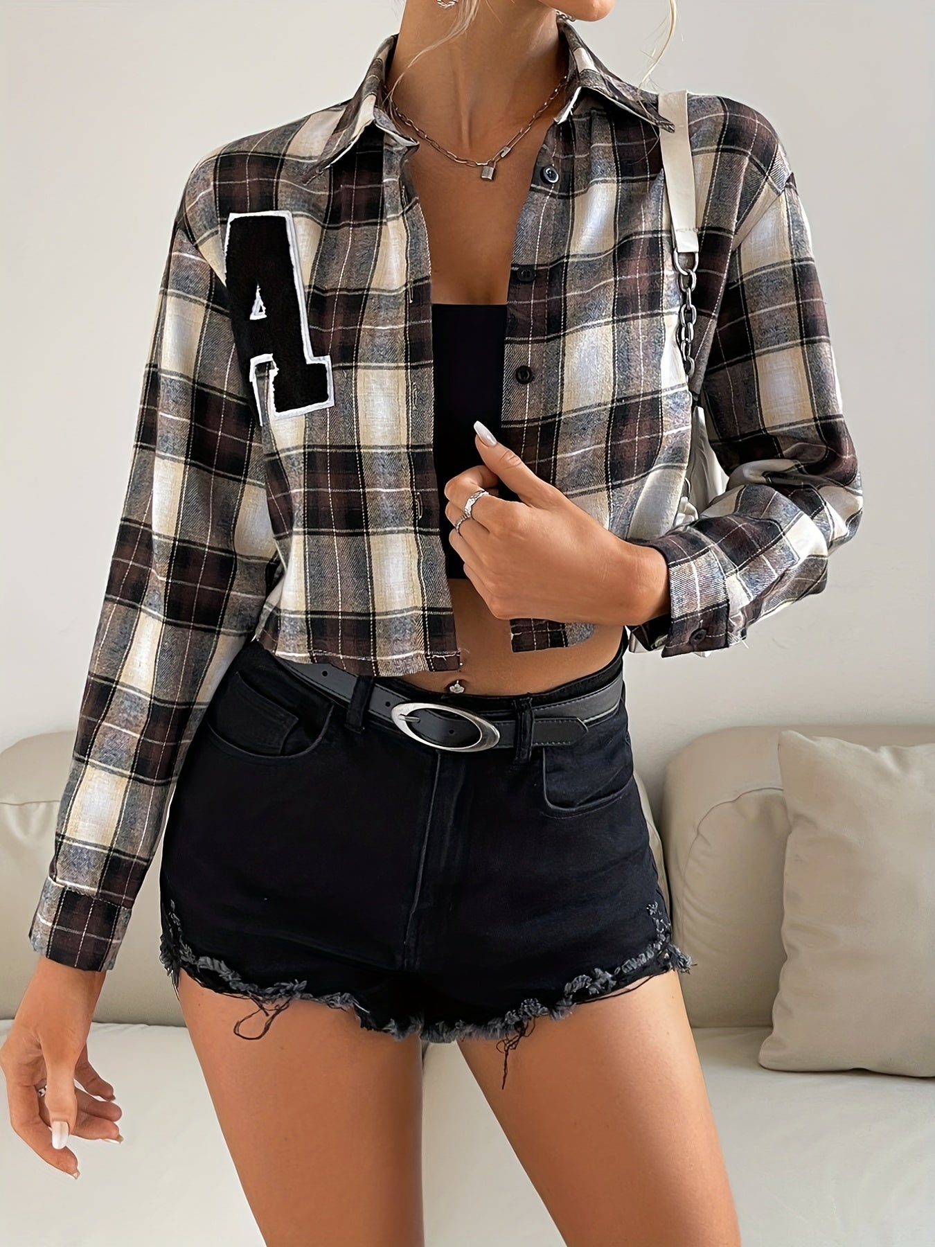 Plaid Pattern Crop Jacket Long Sleeve Button Outerwear