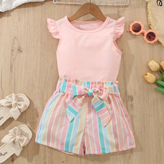 Girls Ruffled Sleeves Tee & Stripe Shorts Set