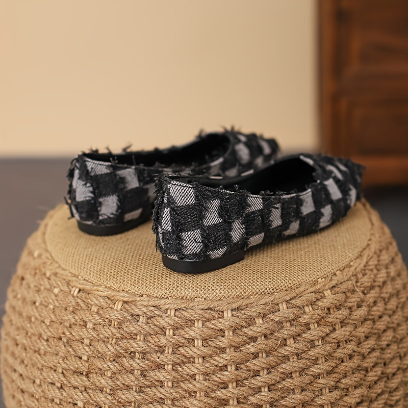 Plaid Pattern Denim Flats with Tassel Detail