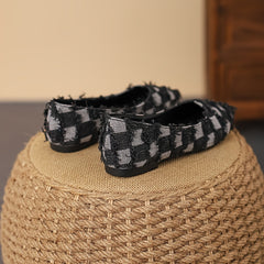 Plaid Pattern Denim Flats with Tassel Detail