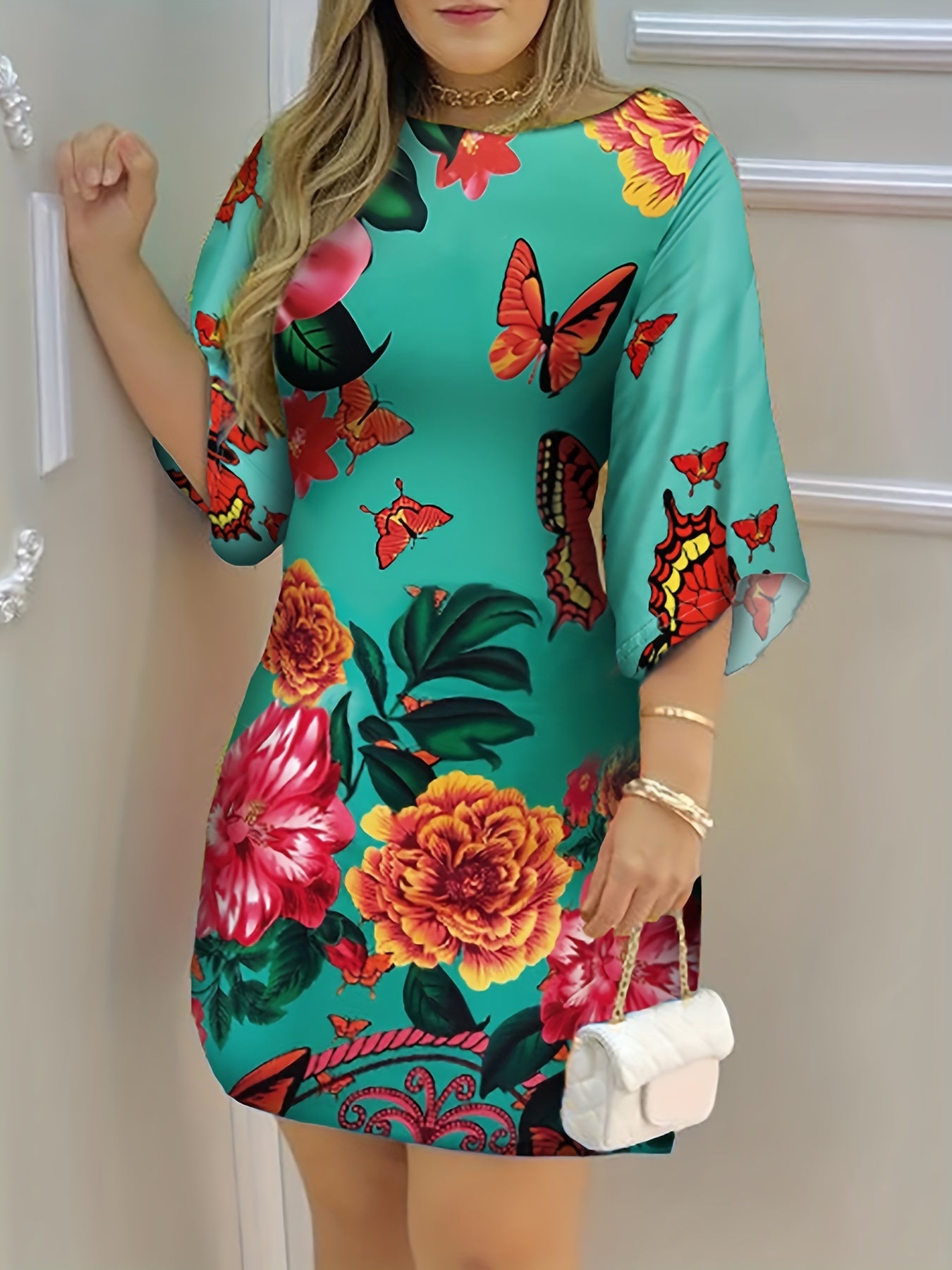 Tropical Print Crew Neck Dress Casual Short Sleeve Dress