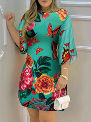Tropical Print Crew Neck Dress Casual Short Sleeve Dress
