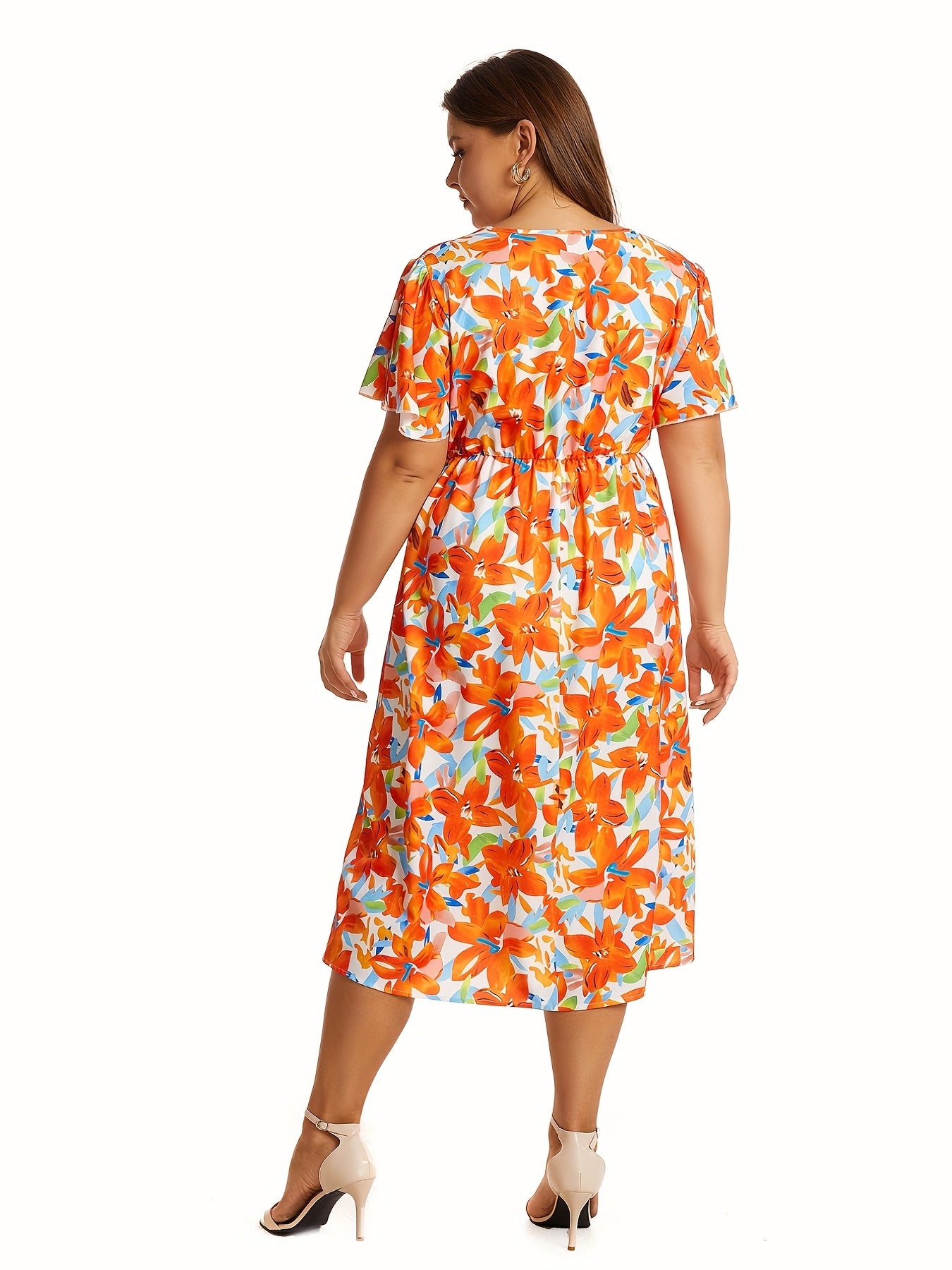 Floral Print V-Neck Midi Dress, Plus Size