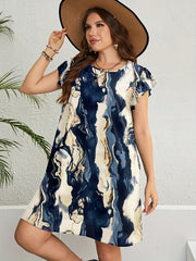 Marble Print Cap Sleeve Ruffle Trim Plus Size Casual Dress