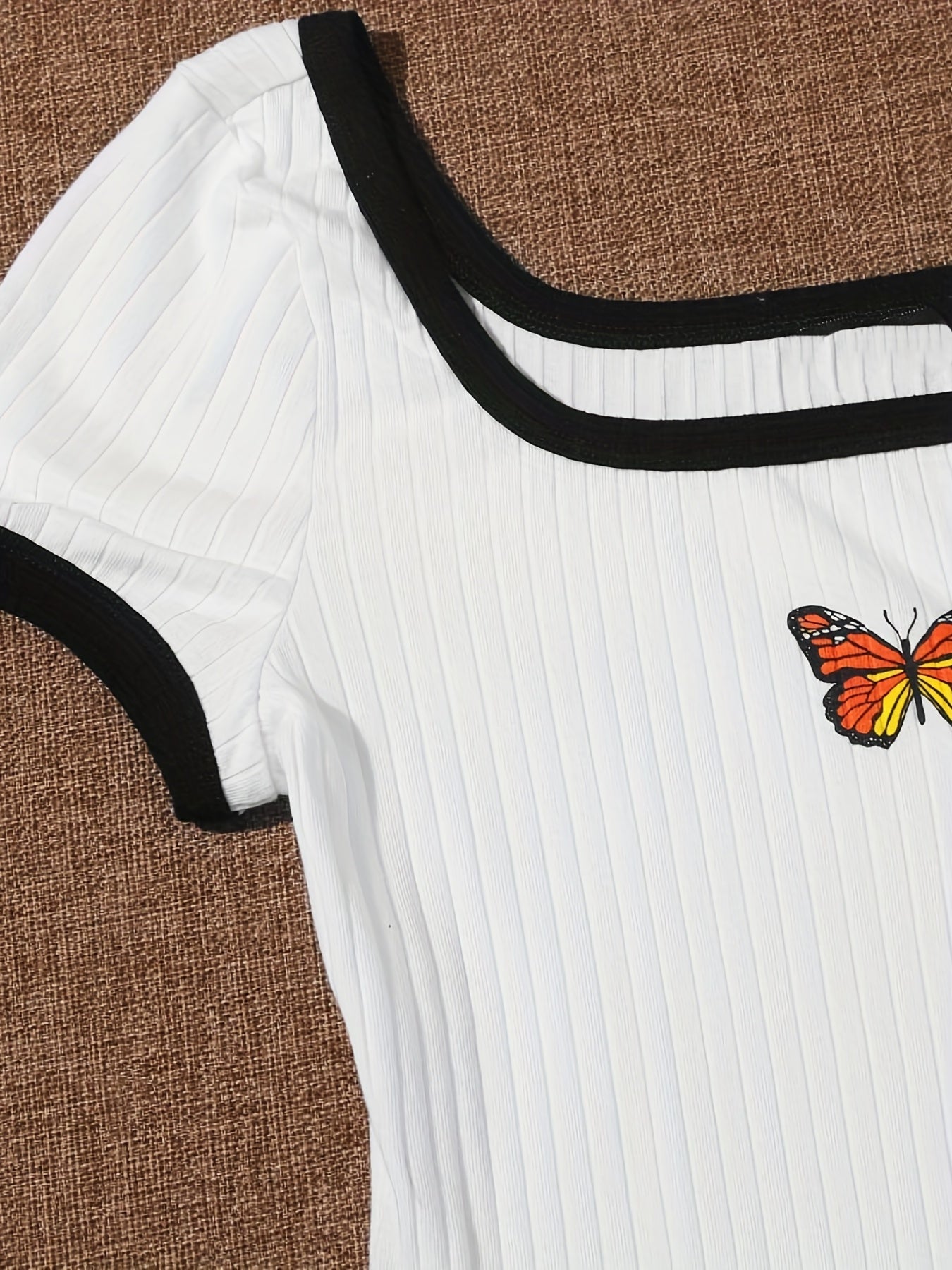 Butterfly Print Bodysuit Contrasting Trim Square Neck One Piece