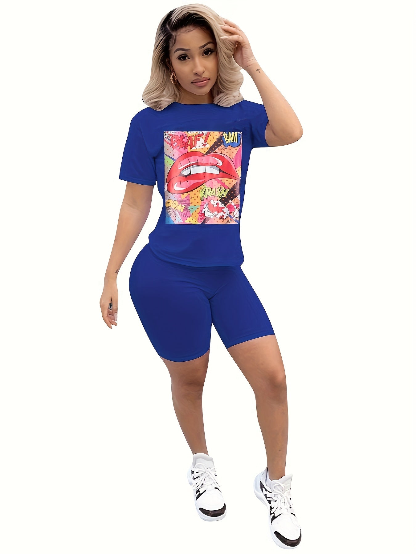Graphic Print Short Sleeve T shirt & Bodycon Biker Shorts Set
