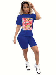 Graphic Print Short Sleeve T shirt & Bodycon Biker Shorts Set