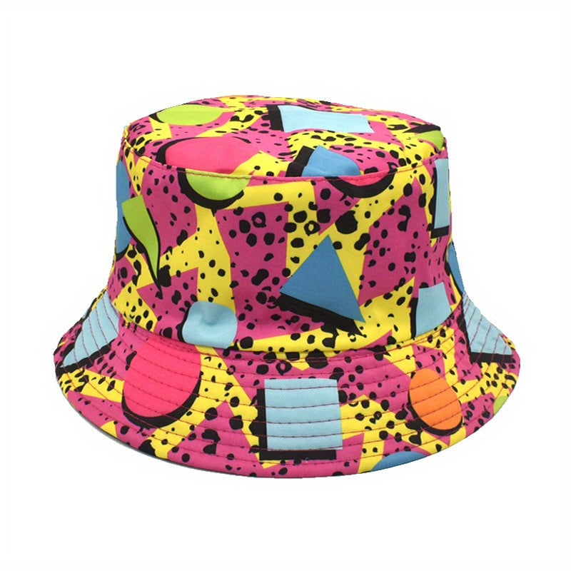 Cartoon Graffiti Print Bucket Hat Hip Hop Geometric Block Reversible Sun Hat