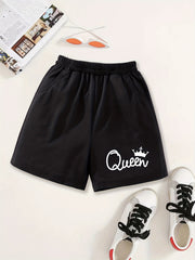 Girls Shorts ''Queen'' Print Casual Sweat Shorts Comfy Fit Elastic Waist