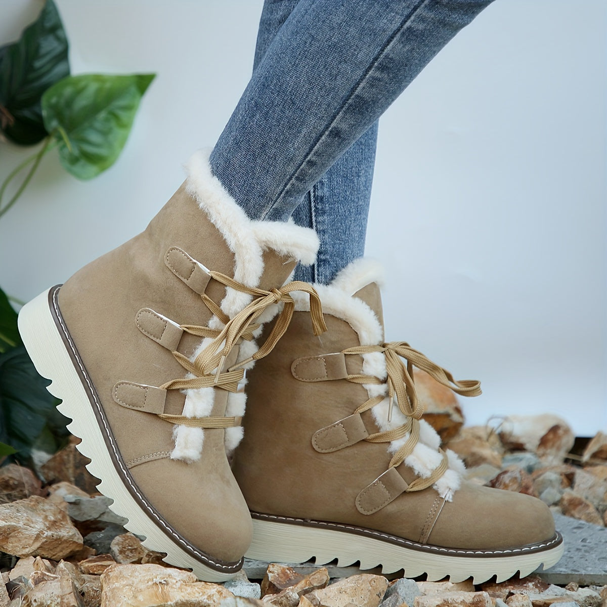 Women's Plush Inner Snow Boots Lace up Waterproof Mid Calf Comfortable Non slip