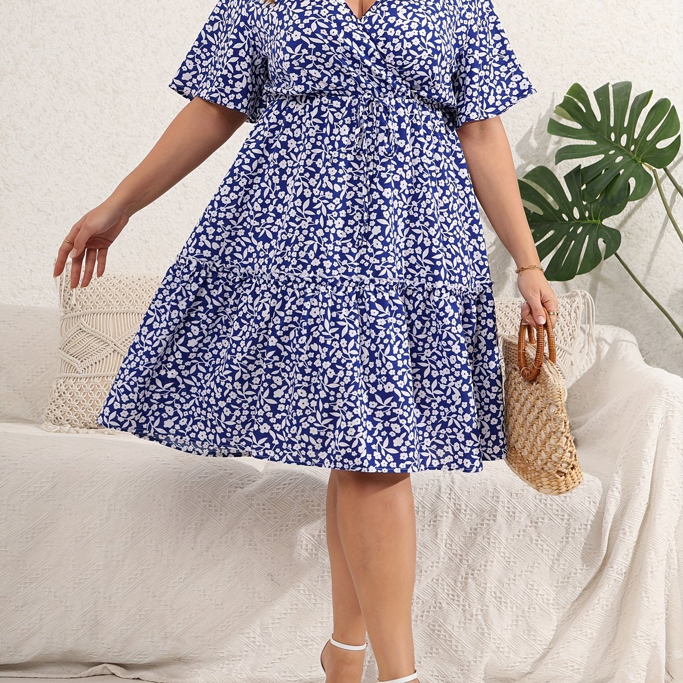 Floral Print Deep V Neck Plus Size Wrap Dress