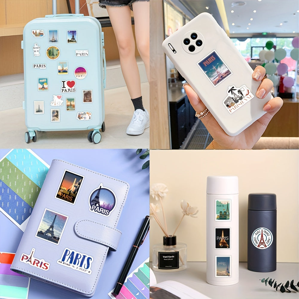 60pcs Paris City Travel Stickers Gouache Style Waterproof Adventure Stickers