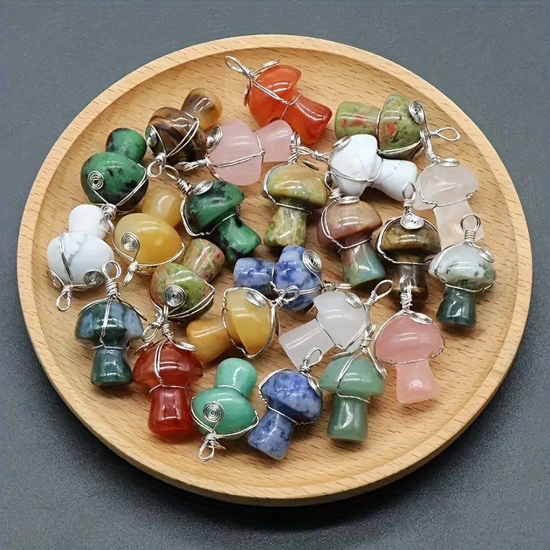 DIY Gemstone Quartz Mushroom Pendant Necklace with Stainless Steel Chain
