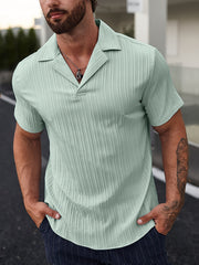 Summer Men's Solid Revere Collar Short Sleeve Shirt
