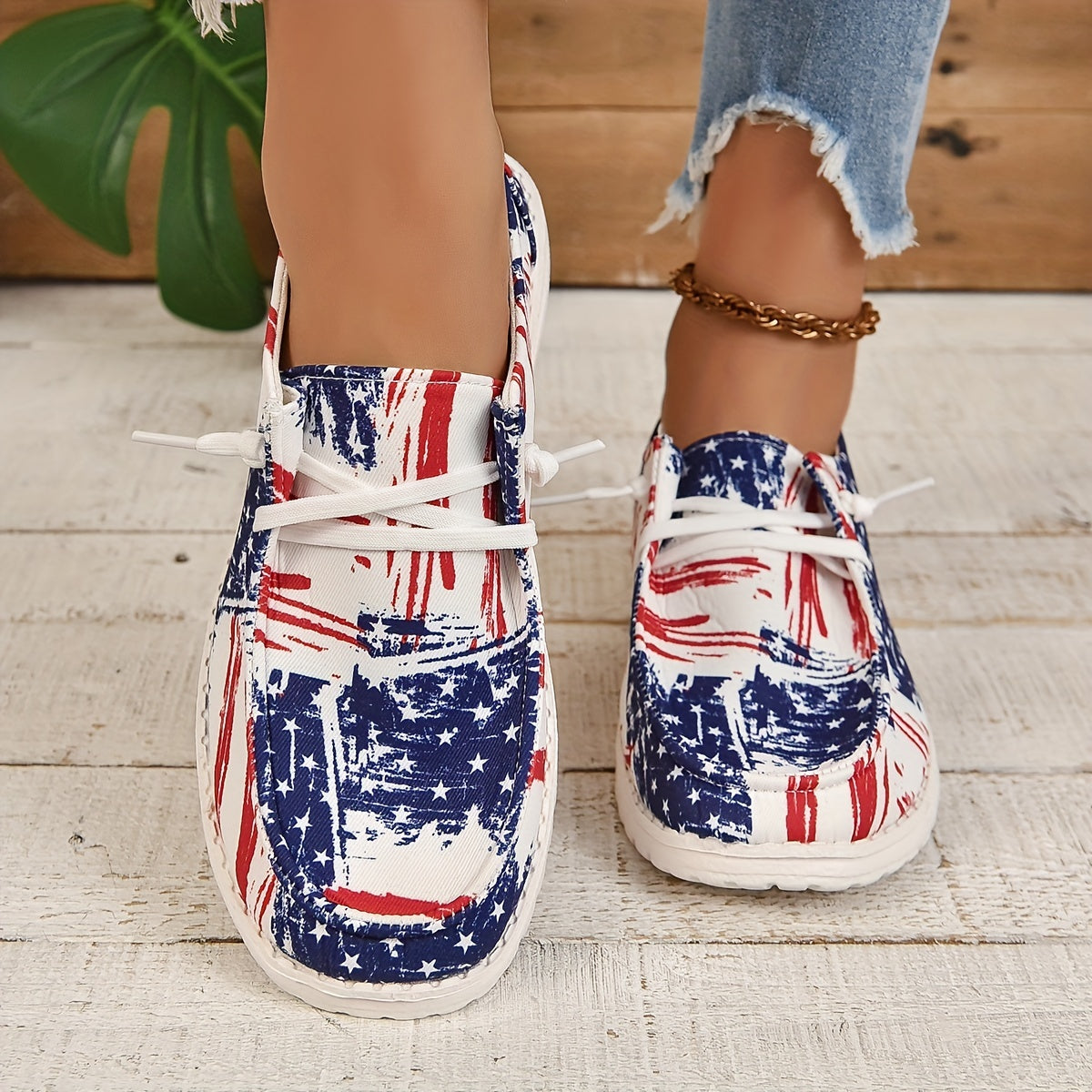 Women's Star Pattern Canvas Shoes Casual Lace Up Flat Loafers Lightweight